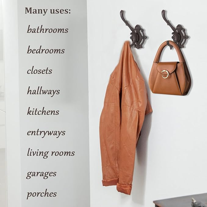 Cast Iron Hooks for Wall Rustic Coat Rack Wall Mount Double Coat Hook Unique Heavy Duty Coat Hooks Wall Decorative Hook for Hallway Hang Clothes Hats 2 Pcs (Double Hook)
