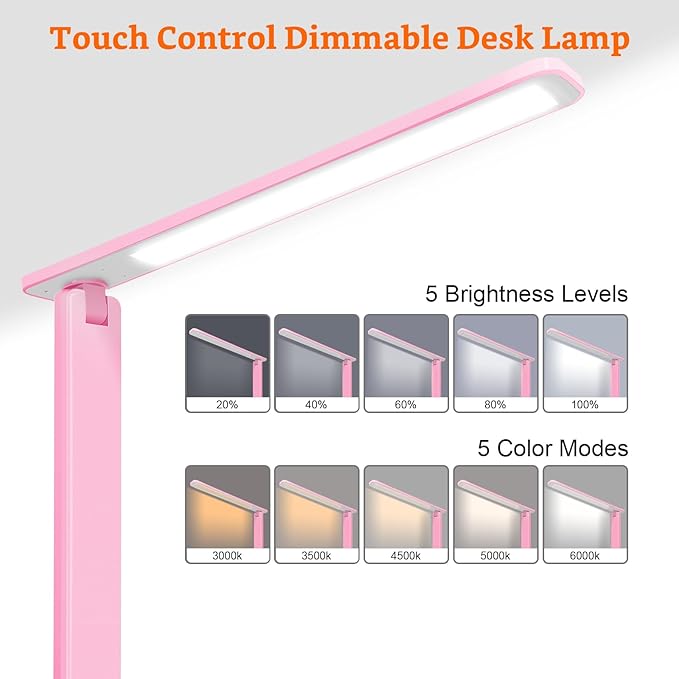 karidi LED Desk Lamp Dimmable Table Lamp with USB Charging Port, 5 Lighting Modes, Sensitive Control, Foldable Portable Desk Light for Home Office Bedroom Reading (Pink, Standard Size - 13.3 inch)