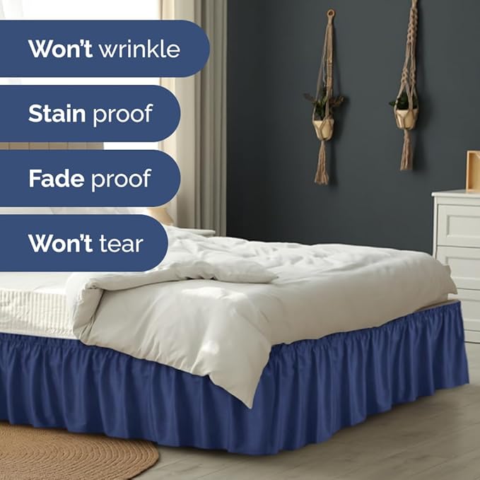 Wrap Around Dust Ruffle Bed Skirt - Navy Blue - for Queen Size Beds w/ 16 Inch Drop - Easy Fit Elastic Strap - Adjustable Pleated Bedskirt with Brushed Fabric, Wrinkle Free Women, Men, Kids and Teens