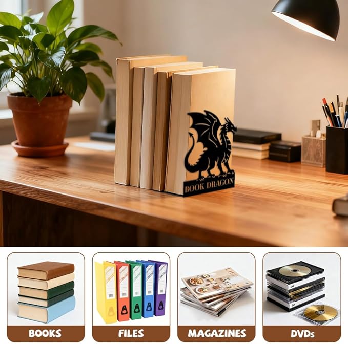 Peacoblue Metal Bookends for Shelves, Modern Decorative Heavy Duty Study Book Ends Stoppers for Office, Desk, Shelf, Room 5.3"x4.3"x6.9" Cast Iron Simple Tall Bookends 1 Pair (Dragon)