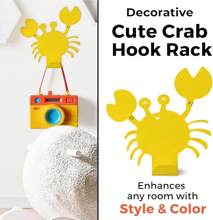 Cute Crab Wall Hook – Heavy-Duty Metal Hook for Hanging Coats, Backpacks, Towels & More – Fun Kids’ Wall Hooks for Bedroom, Playroom, Nursery & Bathroom – Decorative & Durable (Yellow)