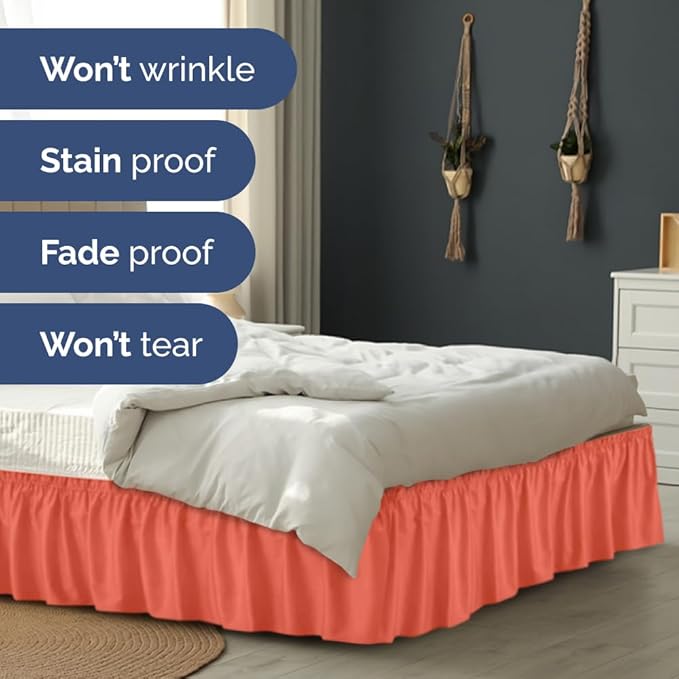 Wrap Around Dust Ruffle Bed Skirt - Coral - for Full Size Beds with 15 Inch Drop - Easy Fit Elastic Strap - Adjustable Pleated Bedskirt w/Brushed Fabric - Wrinkle Free - for Women, Men, Kids & Teens