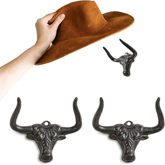 Cowboy Hat Rack for Wall 2 Pack Cowboy Hat Hook Cast Iron Hat Holder Cowgirl Hat Hanger Vintage Western Wall Decor Longhorn Hooks for Hat Storage and Organization Cow Decor Western Gift Rust