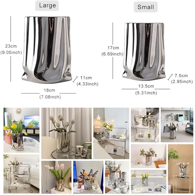 Silver Vase, Paper Bag Modern Minimalist Metallic Luster Ceramic Flower Vase for Home Decor, Table, Living Room Decoration, Shelf Decor, Mantel (Silver-Large)