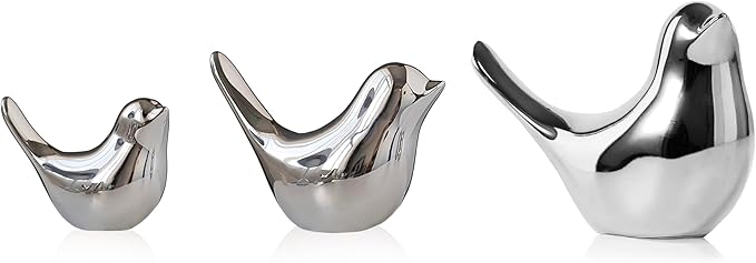 Silver Bird Statue Set – Small, Medium, Large, Modern Tabletop Sculptures for Living Room, Mantel, Shelf, Console Table, Entryway, Fireplace, Bedroom, Contemporary Silver Home Decorations