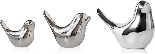 Silver Bird Statue Set – Small, Medium, Large, Modern Tabletop Sculptures for Living Room, Mantel, Shelf, Console Table, Entryway, Fireplace, Bedroom, Contemporary Silver Home Decorations