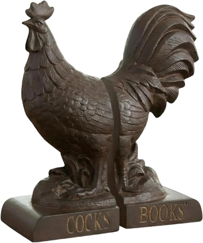 Comfy Hour Rooster Decorative Bookends, Vintage Farmhouse Style Animal Book Ends for Shelves, Heavy Duty Antique Rusty Effect Book Stopper for Books & Cookbooks, 1 Pair