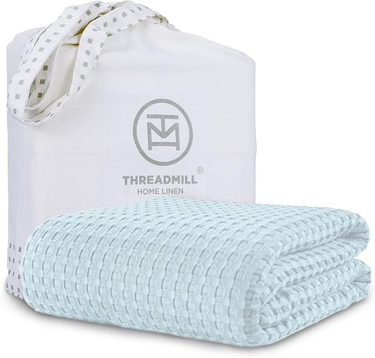 Threadmill Cooling Waffle Blanket King Size | Breathable, Lightweight and Cooling | Made from Rayon Derived from Bamboo | Waffle Throw Blanket for Couch and Sofa | 106 x 92 Inches | Light Blue