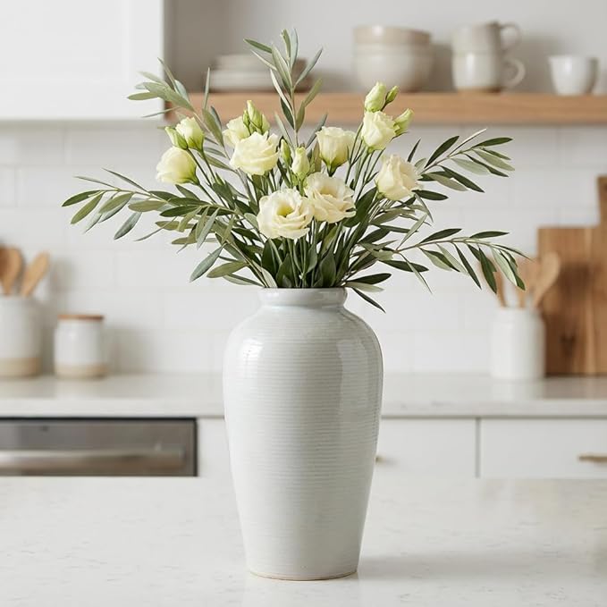 Large Modern Farmhouse Vase for Centerpieces, 11 Inch Tall Ceramic Vase - Glazed Textured Pottery Vases Home Decor, Side Table, Kitchen, Living Room Decor, Entryway, Mantel Decorations