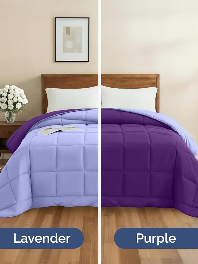 Queen Size, Purple & Lavender Reversible Alternative Down Comforter - Warm, Lightweight Breathable Hotel Quality Bedding Set - All Season Fluffy Oversized Cooling Microfiber Duvet Insert Comforter