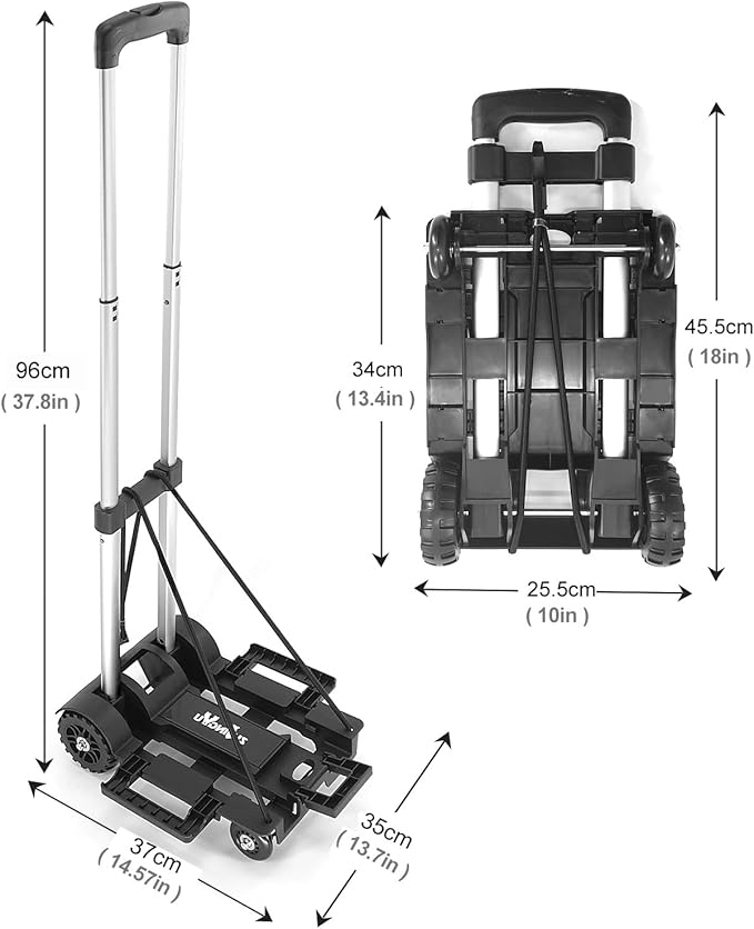 Folding Hand Truck Lightweight Trolley,Small Utility Dolly cart with 4 Wheels & 2 Elastic Ropes,Portable Backpack Trolley,Luggage cart,Dolly,Grocery cart,Travel,Moving,Shopping.Aluminum Pole,Black