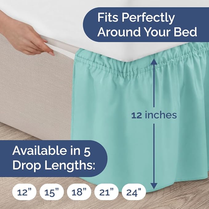 Wrap Around Dust Ruffle Bed Skirt - Spa Blue - Twin/Twin XL Size Beds with 12 Inch Drop - Easy Fit Elastic Strap - Adjustable Pleated Bedskirt w/Brushed Fabric Wrinkle Free - Women, Men, Kids & Teens