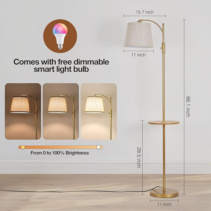 AIDENOEY Smart Floor Lamp with Side Table | Stepless Dimming, RGB Multi-Color | Adjustable Swivel Head | Voice Control with Alexa & Google Assistant |Golden Lamp for Living Room,Bedroom,Home Office