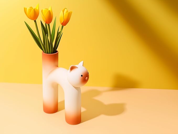 Minimalist Cat-Shaped Ceramic - Unique Animal Flower Vase for Home Decor, Modern Matte Finish Decorative Vase for Living Room, Bedroom, Office, Shelf, Table Centerpiece (Orange)
