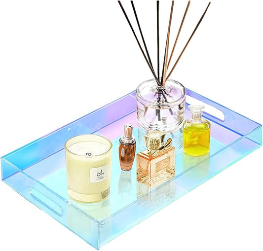 SetGame Acrylic Serving Tray with Handles, Bathroom Desktop Decorative Storage Arylic Trays, Simple Vanity Tray Food Tea Fruit Dinner Snack Tray for Bar Kitchen Party