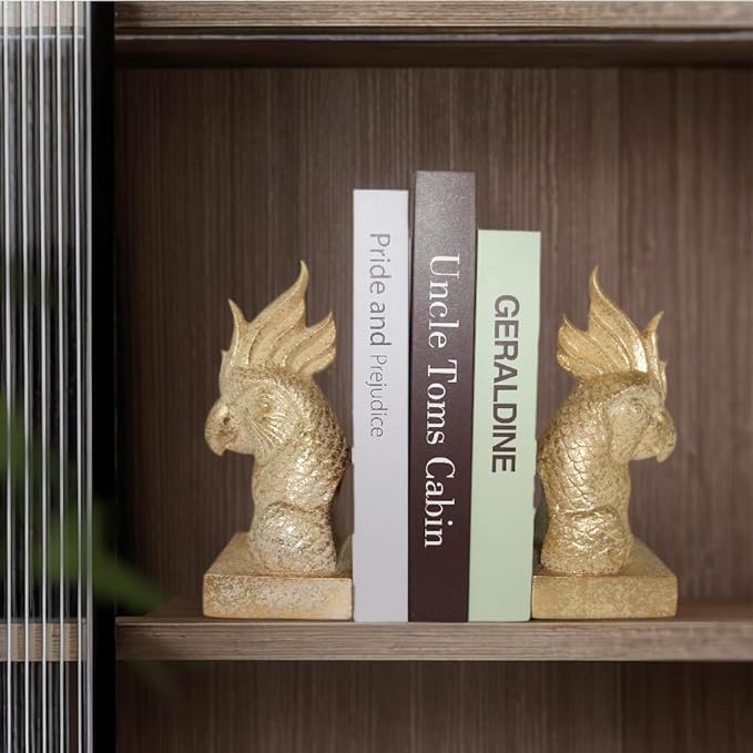 Golden Parrot Decorative Bookends,Set of 2 Cute Bird Animal Sculpture Book Ends to Hold Hevay Duty Books,Unique Resin Statues Book Stopper for Home Office Desk Bookshelf Decor