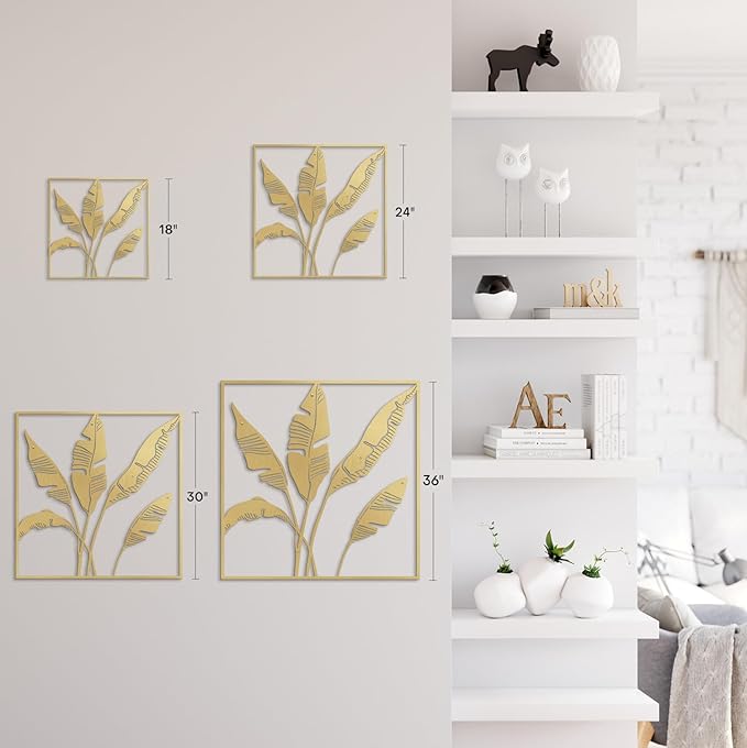 SIGNLEADER Metal Wall Art Decor Banana Leaves Minimalist Modern Abstract Wall Sculpture Hangings Home Decoration for Living Room, Bedroom, Bathroom, Kitchen, Outdoor - 18" Gold