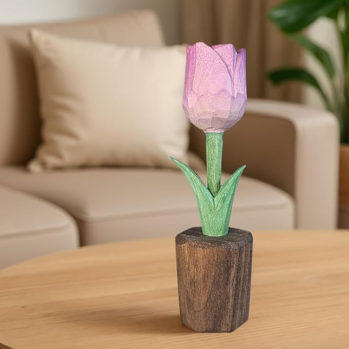 Handcrafted Wooden Tulip Figurine – Elegant Basswood Carved Sculpture, Unique Gift with Premium Gift Box, Ideal for Mother’s Day, Anniversary, Birthday, Home Office Décor (Purple)