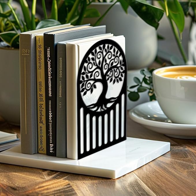 Peacoblue Metal Bookends for Shelves, Modern Decorative Heavy Duty Study Book Ends Stoppers for Office, Desk, Shelf, Room 5.3"x4.3"x7.9" Cast Iron Simple Tall Bookends 1 Pair (Tree of Life Pattern)