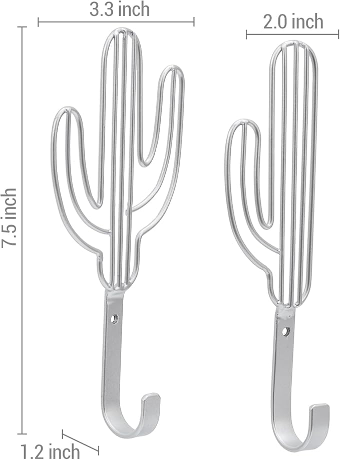 MyGift Wall Mounted Modern Silver Tone Metal Coat Hooks with Wire Saguaro Cactus Matching Shapes for Hanging Hats Coats Towels Leashes Keys, 2 Piece Set