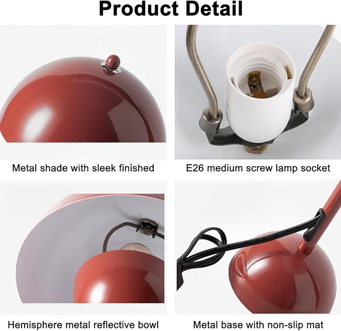 COSYLUX Modern Small Table Lamp for Bedroom, Cute Dome Shade Reflecting Light Reading Lamp for Living Room, Kid's Room, Study, Office, Beside Bedside Nightstand Desk Lamp(Dark Red/Burgundy)
