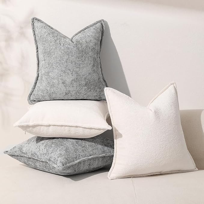DEZENE Pack of 2 Light Gray Euro Shams Pillow Covers 26x26 Cozy Soft Chenille Decorative Throw Pillow Covers Accent Vintage Square Couch Pillow Covers for Home Decor Bed Sofa Living Room