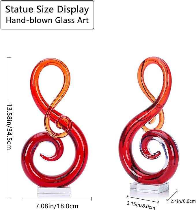 LCCCK 13" H Large Glass Sculpture Red Hand Blown Glass Figurines Art Music Decor, Modern Red Glasses Decor Crystals Statue Knick Knacks- for Luxury Home Living Room Office Console Table Decoration