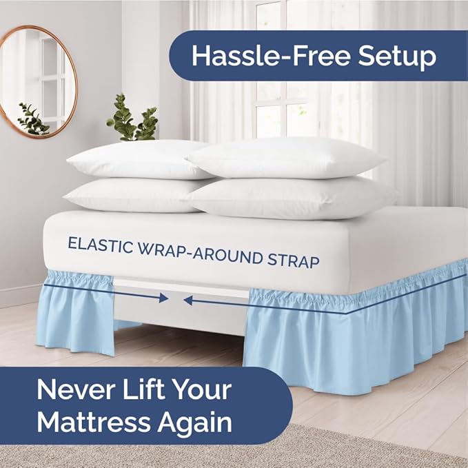 Wrap Around Dust Ruffle Bed Skirt - Light Blue - for King Size Beds with 15 Inch Drop - Elastic Strap - Adjustable Pleated Bedskirt with Brushed Fabric and Wrinkle Free - for Women, Men, Kids & Teens