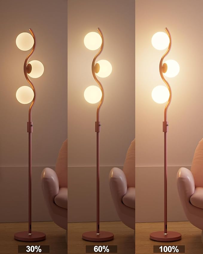 Lightdot 60IN Dimmable Pink Floor Lamp Mid Century Standing Lamps with 3Pcs G9 3000K Warm White Bulbs Stepless Dimming Globe Modern Tall Lamp with Stable Base for Bedroom Office
