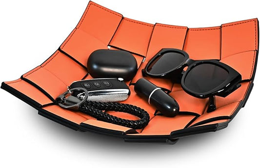 Valet Tray PU Leather Key Holder Bowl for Women and Men Entryway Table Nightstand Desk Tray for Wallet, Keys Men's Gift - Orange & Black, 9.8" L x 9.8" W x 2" H