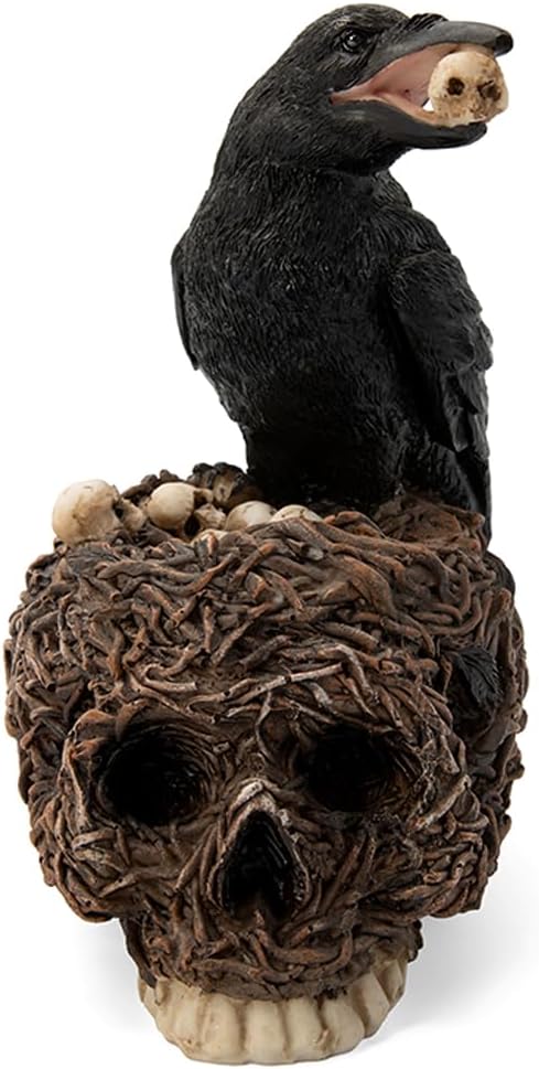 Halloween Decorative Black Crow On Withered Vine Skull Nest Teeming with Mini Skulls Statue Home Décor Gothic Raven Perching On Skeleton Figurine, Collectible Macabre Ossuary Sculpture