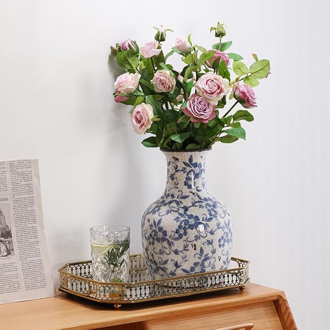Decorative Ceramic Flower Vase, Blue and White Floral Pattern, 11''Flower Ceramic vase