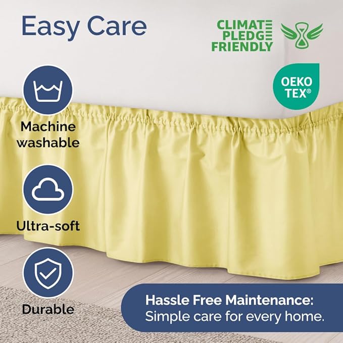 Wrap Around Dust Ruffle Bed Skirt - Yellow - for King Size Beds with 18 Inch Drop - Easy Fit Elastic Strap - Adjustable Pleated Bedskirt w/Brushed Fabric - Wrinkle Free - for Women, Men, Kids & Teens