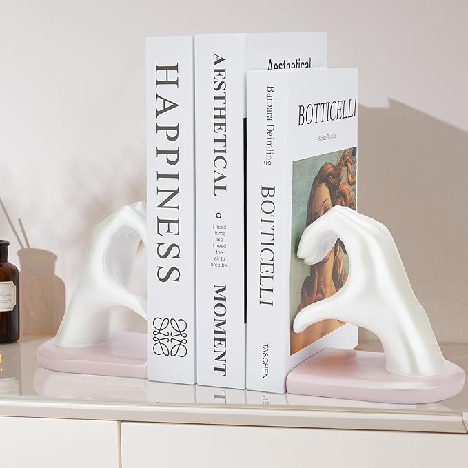 Bookends, Heavy Duty Bookend Holder Decor, White Finger Heart Shaped Decor, Modern Art Sculpture, Finger Home Decoration, Boho Decor for Desktop Bedroom Study Room