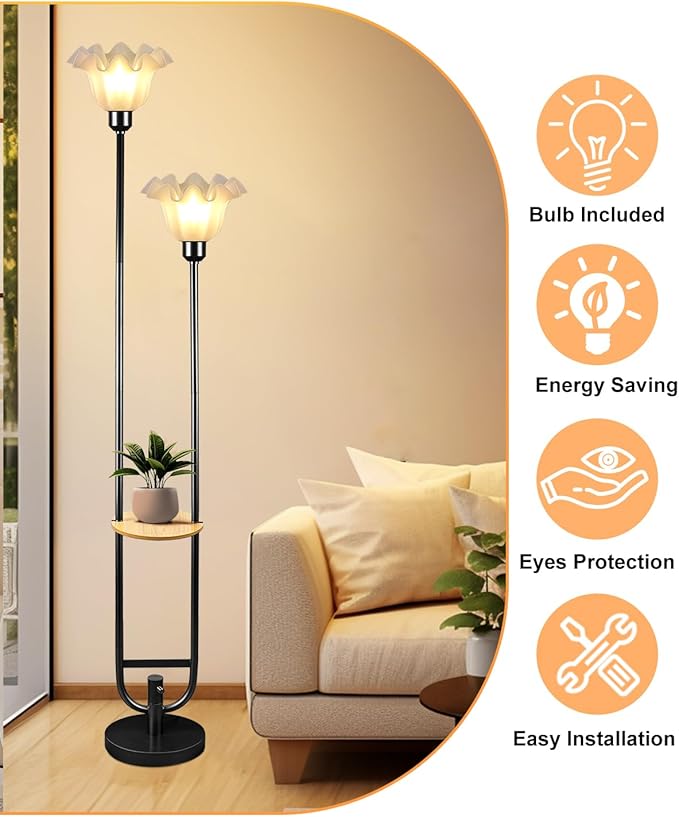 ACOHOOK Dimmable Flower Floor Lamps with Table, 2-Lights Floral Floor Lamp, 3000K Warmwhite Candle Holder Style Modern Floor Lamp, Rustic Black Standing Lamp for Living Room Bedroom