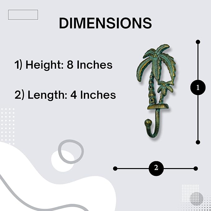 Cast Iron Palm Tree Wall Hooks - Rustic Black Finish - Decorative Hooks for Wall, Coats, Towels, Bags - Tropical Home Decor - Vintage and Unique Design - Set of 3 8" x 4"