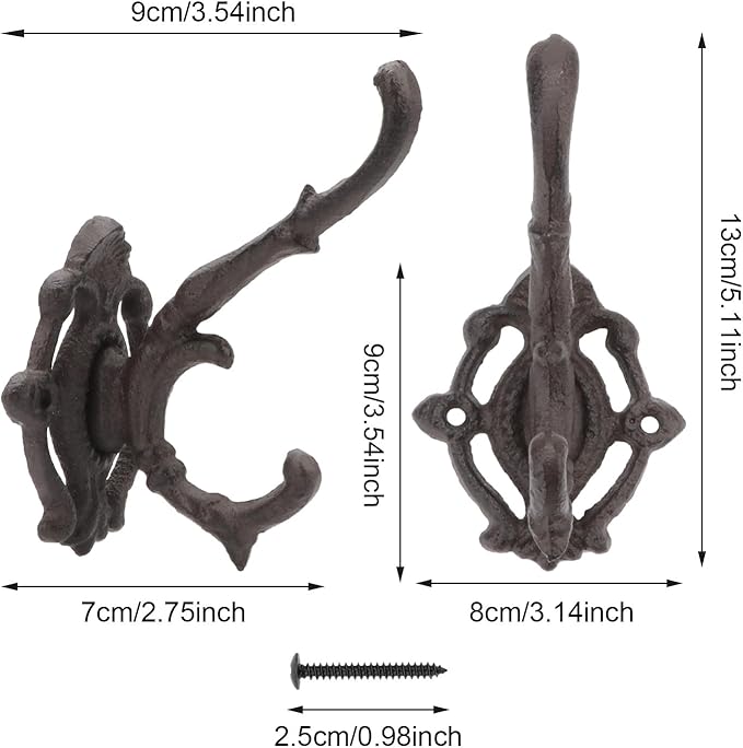 Cast Iron Hooks for Wall Rustic Coat Rack Wall Mount Double Coat Hook Unique Heavy Duty Coat Hooks Wall Decorative Hook for Hallway Hang Clothes Hats 2 Pcs (Double Hook)