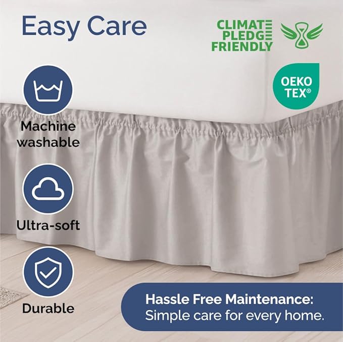 Wrap Around Dust Ruffle Bed Skirt - Light Grey - for Full Size Beds with 21 Inch Drop - Elastic Strap - Adjustable Pleated Bedskirt with Brushed Fabric and Wrinkle Free - for Women, Men, Kids & Teens