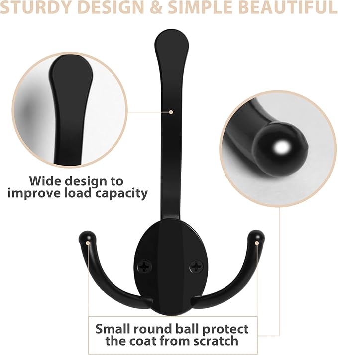 8 Pack Coat Hooks Heavy Duty, Metal Three Prongs Large Coat Hooks Wall Mounted with 16 Screws, No Rust Black Rustic Wall Hooks for Hanging Towel, Coat, Scarf, Bag, Hat, Cup, Key