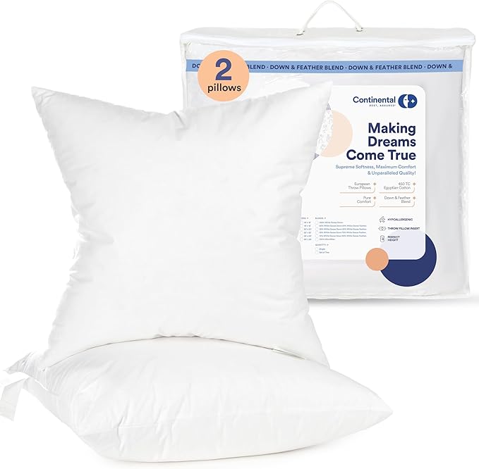Continental Bedding | Down Alternative Throw Pillow Insert | 100% Cotton 250TC Shell | Medium Loft Decorative Cushion | 26x26 | 2 Pack