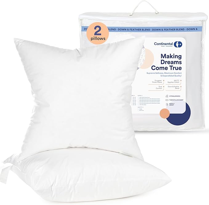 Continental Bedding | Down Alternative Throw Pillow Insert | 100% Cotton 250TC Shell | Medium Loft Decorative Cushion | 24x24 | 2 Pack
