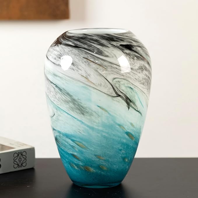 11" H Teal Glass Vases for Flowers, Unique Hand Blown Glass Vase Blue Home Decor, Wide Mouth Colorful Flower Vase Centerpieces, for Living Room Table Bookshelf, Bathroom Office Shelf Decorative