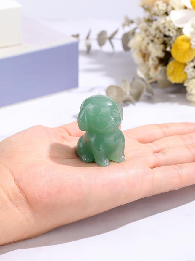 Jovivi Natural Green Aventurine Crystal Sitting Dog Statue Home Decor 1.6" Carved Gemstone Puppy Dog Figurines Pocket Sculpture Reiki Healing Stones Decorative Ornament Gift