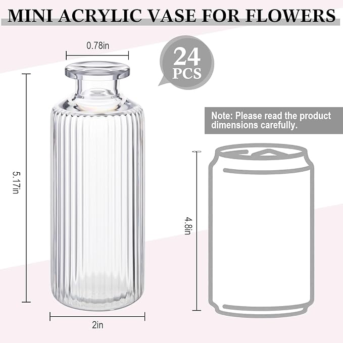 Honeydak Set of 24 Plastic Mini Bud Vases, Vintage Clear Decorative Vases Bulk for Table Centerpieces, Wedding Reception, Baby Shower, Home Decor, Housewarming Gift(Striped)