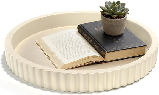Decorative Tray for Coffee Table, 12'' Resin Modern Decorative Tray for Home Decor, Elegant Table Centerpiece Cream White Round Fluted Serving Vanity Tray for Bathroom Kitchen Living Room Decor