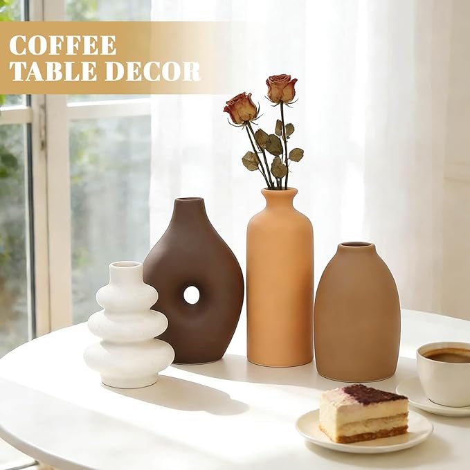Ceramic Flower Vase Set, Modern Farmhouse Decor Vases for Home Table Centerpiece - Rustic Flower Vases for Living Room, Kitchen, Shelf, Bedroom, Office, Bathroom, Dining and Coffee Table Decor