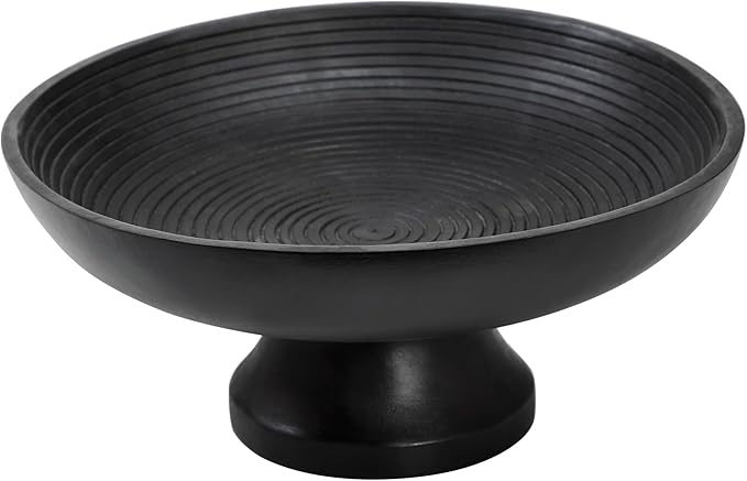 VHC Brands Ribbed Black Wooden Fruit Bowl 5.5x12x12, Kitchen Decor, Decorative Wooden Pedestal Bowl, Perfect Centerpiece for Table, Island, or Counter