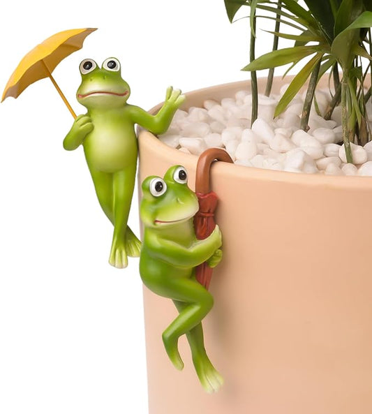 Miniature Frog Figurines Plant Decorations for Pots, 2Pcs Frog Statue Planter Hugger for Flower Yard Lawn Ornament
