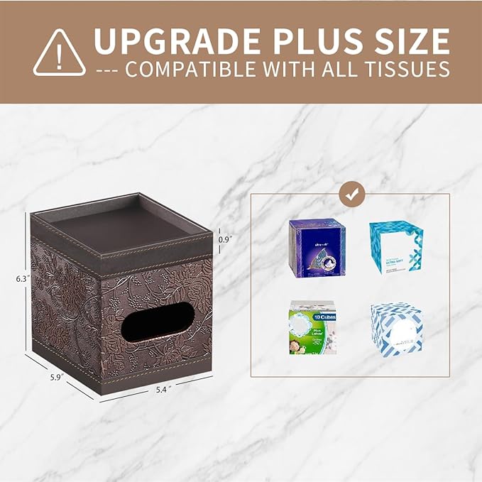 Square Tissue Box Cover with Storage Tray,PU Leather Tissue Cube Box Holder,Decorative Tissue Holders,Modern Tissues Case Napkin Dispenser Facial Paper Organizer for Bathroom Vanity
