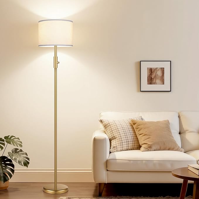 Yemela 【Upgraded】 Dimmable Gold Floor Lamps for Living Room, 11W LED Bulb Included, Modern Standing Lamp with White Lamp Shade, Tall Pole Light for Bedroom Reading Office Corner Nursery